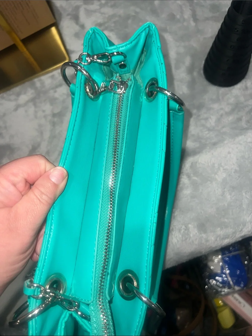 Badgley Mischka Chevron Quilted Shoulder Bag in a vibrant teal/mint green hue.